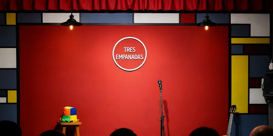 Escenario de Tres Empanadas con el mural Mondrian y el logo